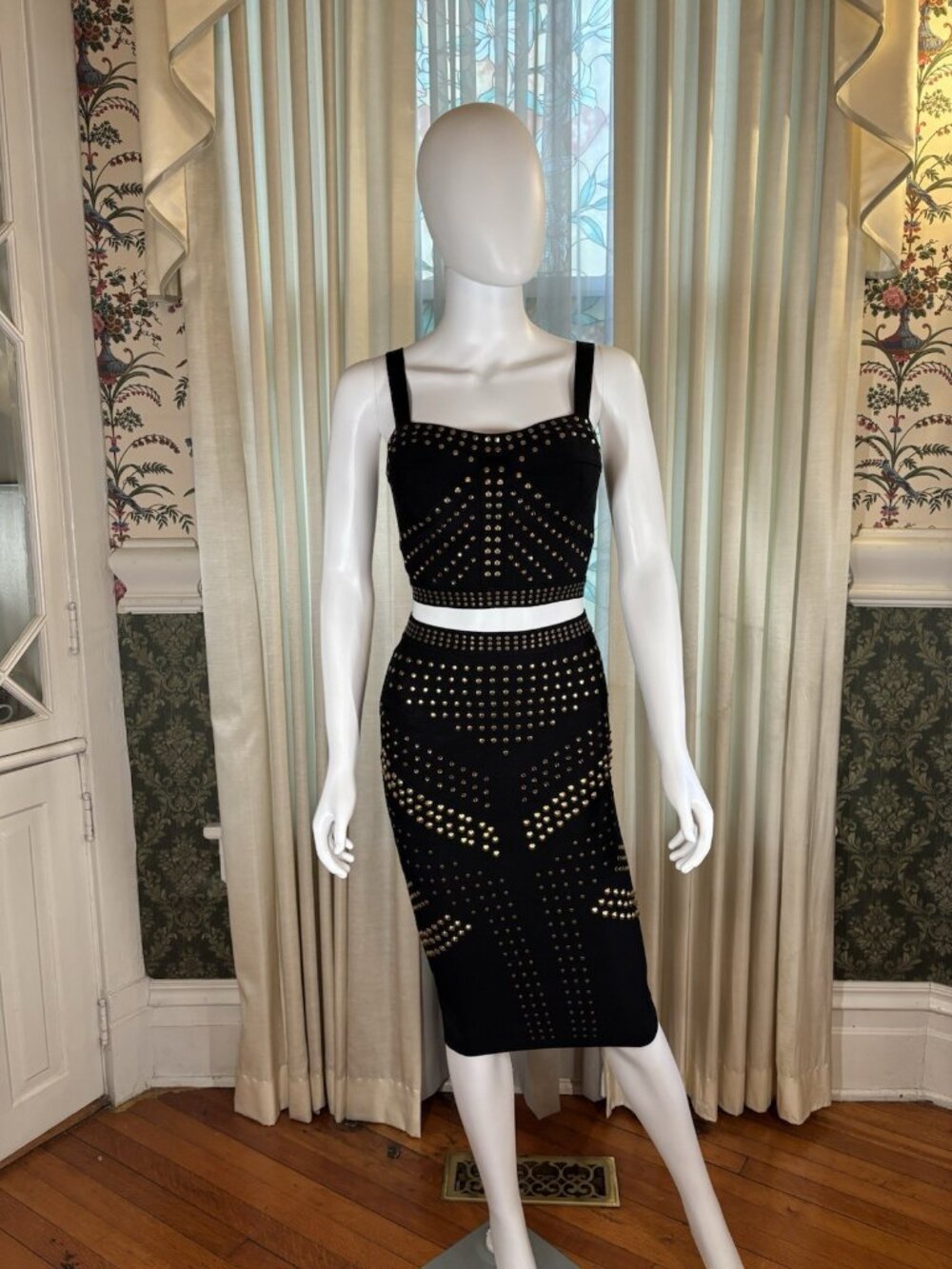 Black Gold Studded Rhinestone Bandage Bustier Crop Top Pencil Skirt Set Size S